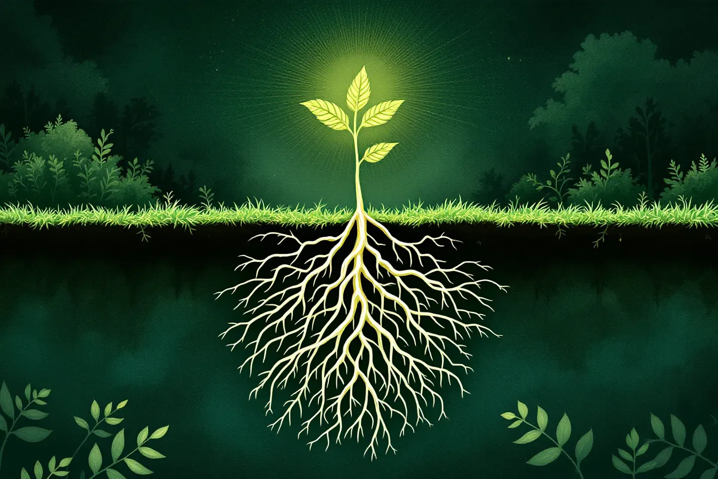 A branching root system in fern and moss green descending into dark soil on a forest-canopy ground, representing angiogenic capillary growth, with small copper nodes at two junctions