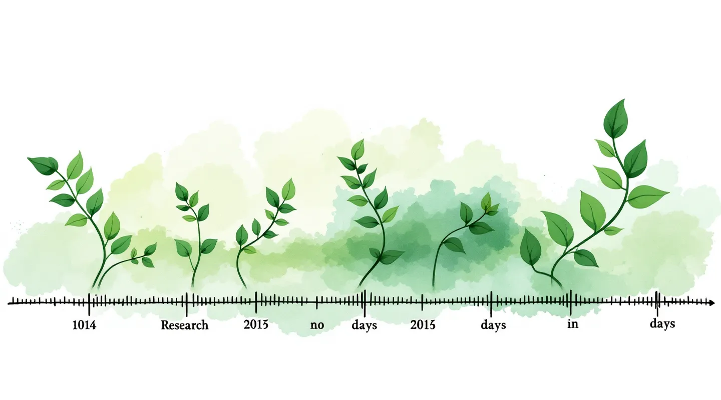 A horizontal fern-green vine with five growth nodes sprouting progressively larger leaf clusters, representing a research dosing timeline, ending in a copper leaf-bud