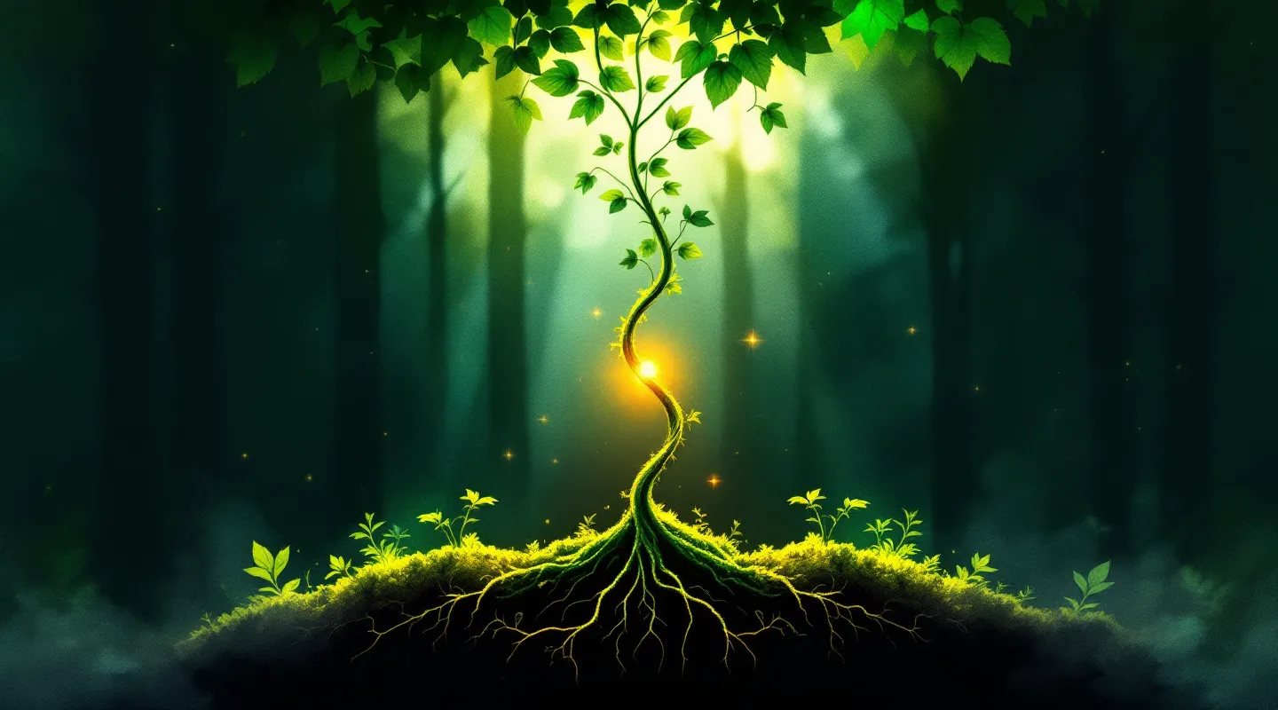 Three vines in jade, fern, and moss green braiding together as they grow upward into a single combined leaf canopy on a forest-canopy ground, with a copper node at the convergence point