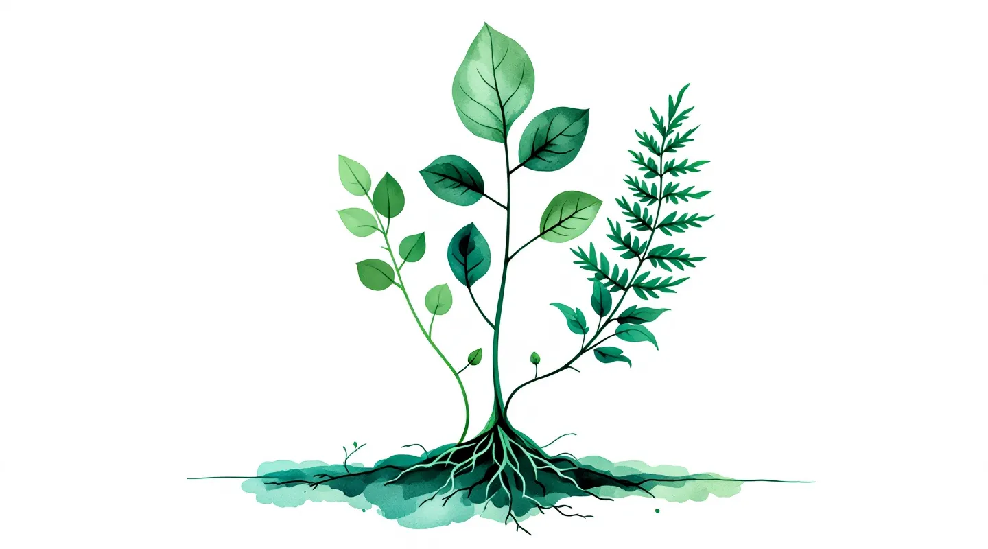 A botanical growth diagram of three vines in jade, fern, and moss green rising from a shared copper seed-root, each bearing a distinct leaf shape representing the three GLOW peptides