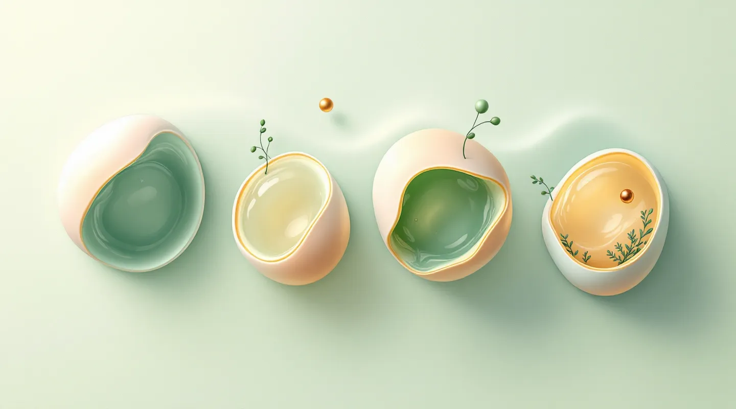 Four organic cell-membrane blobs in jade and fern green showing a wound progressively closing and filling with green across four time-points, with a single copper accent dot