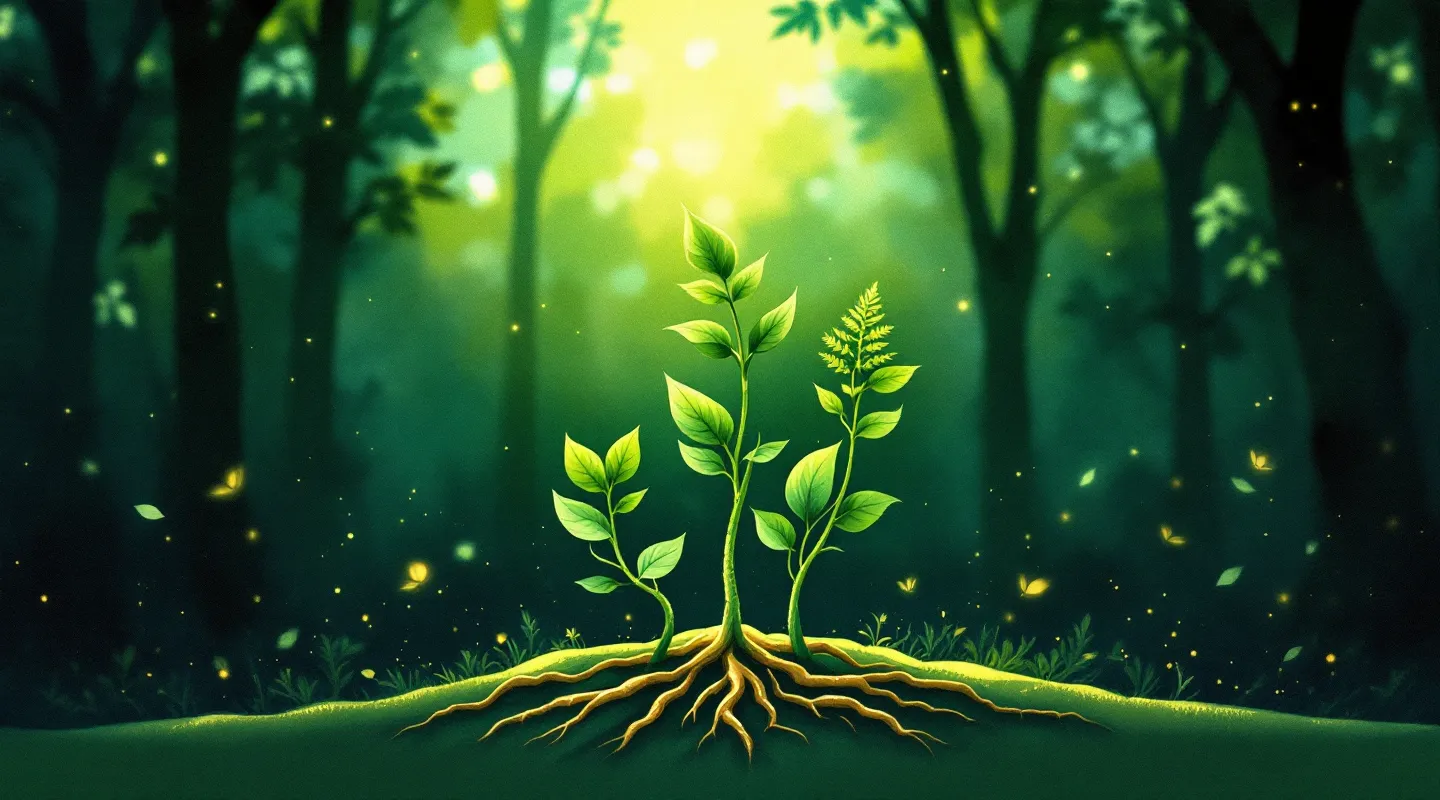 Three hand-drawn growing vines in jade, fern, and moss green rising from a common root on a deep forest-canopy ground, with a single copper seed-node glowing at the root